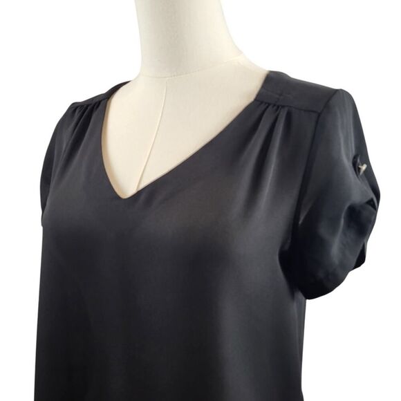 Lily Star X-Small Black Sheer Blouse Short Sleeve V-Neck High Low Hem - Picture 6 of 13